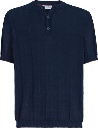 Brunello Cucinelli Top Henley a coste - Blu