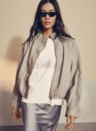 Icone Womens Slouchy faux-leather funnel-neck bubble jacket