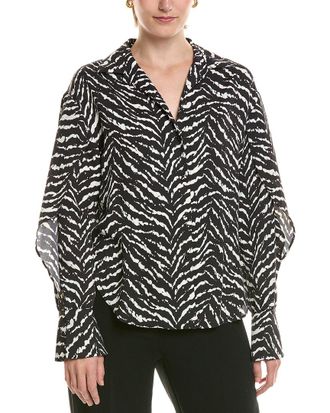 Halston Heritage Printed Ruffle Sleeve V-Neck Blouse