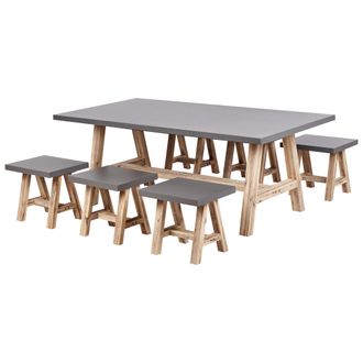 Beliani Conjunto De Jard&iacute;n De Hormig&oacute;n Fibrocemento Madera De Acacia Mesa De Comedor 6 Taburetes Gris Tonnare