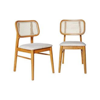 Sweeek Silla bohemia de madera de hevea y rejilla, set de 2, roble