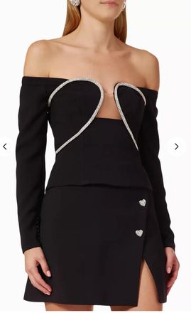 Self Portrait Self-Portrait Black Embellished Off-Shoulder Top & Mini Skirt Set Size S