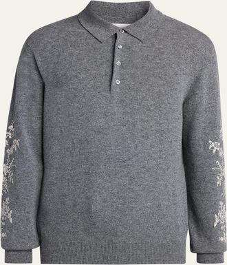 Alexander McQueen Mens Wool Floral-Embroidered Polo Sweater
