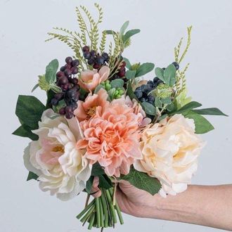 OEM Conjunto De Flores Artificiales Con Peon&iacute;as, Dalias Y Bayas Para Ramos De Novia Y Decoraci&oacute;n Del Hogar (rosa Y Blanco)