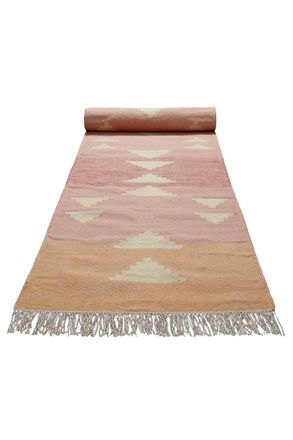 Green Looop Alfombra tejida a mano de lana y algod&oacute;n, tonos roses 80x300