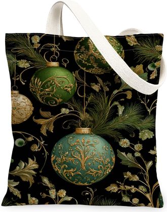 Generic Christmas Ornament Canvas Tote Bags, Elegant Holiday Pattern Reusable Shopping Bags, Vintage Lightweight Washable Canvas Fo, Green, 13x15 Inch
