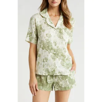 Desmond & Dempsey Print Cotton Short Pajamas in Flowers Oftime Linen Sage & Gr at Nordstrom, Size X-Large