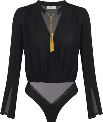 Elisabetta Franchi Tops, Dames, Zwart, S, Bodysuit van georgettestof met juweeldetails