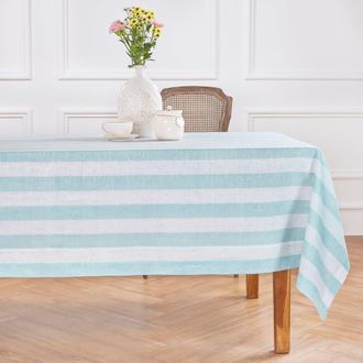 Solino Home Linen Tablecloth for Dining Table, Holiday and Everyday Dining Table Decor - Cabana Stripe in Aqua And White at Nordstrom, Size X-Large