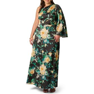 Adrianna Papell Floral Print One-Shoulder Gown in Black Multi at Nordstrom, Size 22W