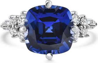 Pompeii3 8Ct TW Cushion Blue Sapphire & Diamond Muse Ring 14k White Gold Lab Grown