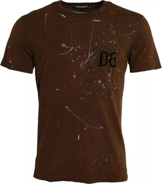 Dolce & Gabbana Brown Color Splash Cotton Crew Neck Mens T-shirt