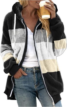 Generic Womens Coats Warm Jumper Fleece Tops Loose Jacket Womens Plus Size Casual Color Block Plush Sweatshirt Zipper Hoodie Loose Blouse Warm Coat Justified 