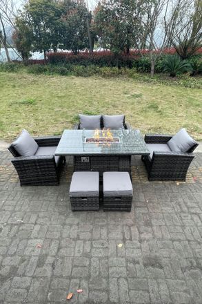 Fimous Rattan Outdoor Furniture Gas Fire Pit Rectangle Dining Table Gas Heater Chairs Love Sofa 6 Seater in Dark Grey