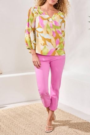Tribal 3/4 Sleeve Blouse W/ Smocked Yoke-Wisteria In Pink