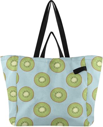 Generic Kiwi Fruit Blue print Reusable Canvas Tote Bag, Heavy Duty Grocery Shopping Bag with Double Handles Hard Bottom Large Capacity Work Groceries Travel
