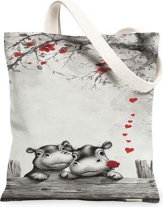 Generic Cute Hippo Canvas Tote Bags, Adorable Animal Pattern Reusable Grocery Bags, Vintage Floral Lightweight Washable Shoulder St, Gray, 13x15 Inch