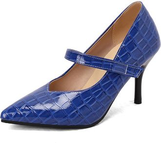 Generic Womens Stiletto High Heel Dress Pumps Pointed Toe PU Leather Mary Janes Slip on Party Prom Shoes,Blue,3.5 UK