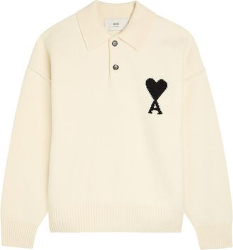 Ami Ami Paris Logo-intarsia Wool Polo Jumper - Off White - XL