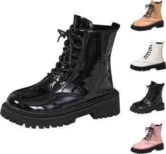 Generic Momolaa Black Ankle Boots for Women Patent Leather Platform Lug Sole Combat Booties Lace up Low Block Chunky Heel Side Zipper Fall Winter Black Milita