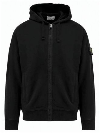 Stone Island Black Zip-Up Hoodie With Distinctive Embroidered Patch