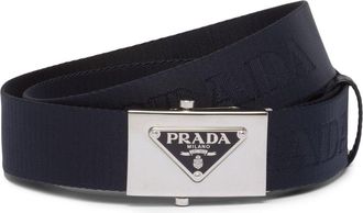 Prada triangle-logo woven belt - men - Nylon/Leather - 90 - Blue