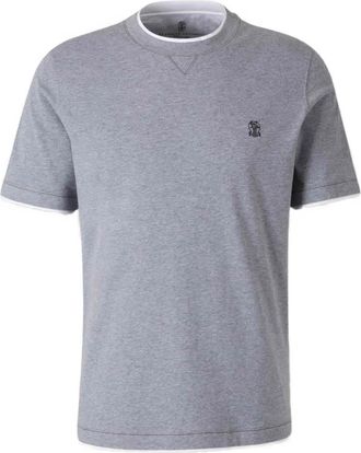 Brunello Cucinelli T-shirt con logo ricamato e scollo a coste - Grigio