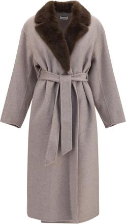 P.A.R.O.S.H. Cappotto in Lana con Collo in Pelliccia e Cintura - - Coats - Donna - Beige - M