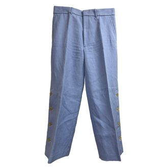 Joseph Side Button Detailed Straight-Leg Trousers in Blue Ramie