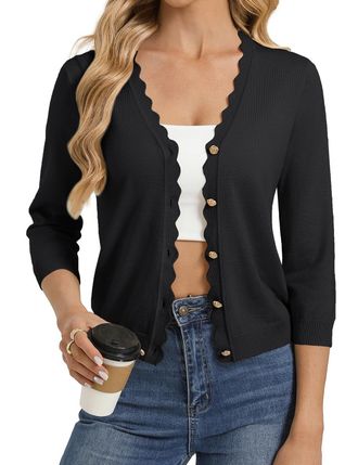 Grace Karin Womens 3/4 Sleeves Cardigans Button Down, Business Elegant Blazer for Women UK, Ladies Summer Cardigan Beach Casual Black S