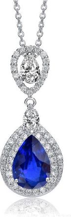 Rachel Glauber White Gold Plated Sapphire Blue Pear Cubic Zirconia Double Halo Dangle Pendant Necklace