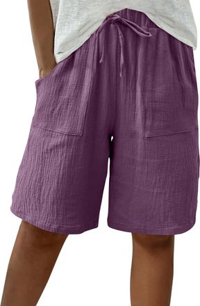 Generic Ladies Linen Shorts, Womens Linen Shorts Summer Knee Length High Waisted Pants Solid Colour Casual Running Hiking Walking Gym Trousers Ladies Drawstri