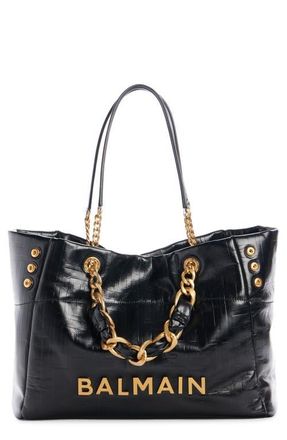 Balmain Small 1945 Monogram Embossed Soft Leather Tote in 0Pa Black at Nordstrom