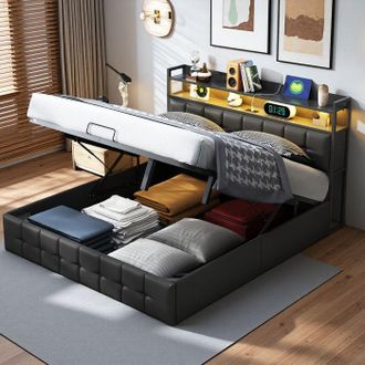 OEM Cama Con Arc&oacute;n 160x200 Cm - 231225hgy - Led Integrada - Arc&oacute;n Hidr&aacute;ulico - Recubrimiento De Pu Negro
