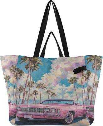 Generic Palm Trees Pink Car pattern Reusable Canvas Tote Bag, Heavy Duty Grocery Shopping Bag with Double Handles Large Capacity Hard Bottom Work Groceries Tr