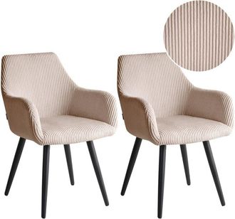 Beliani Set of 2 Corduroy Dining Accent Chairs Beige Velvet Upholstery with Armrests Metal Base Modern Design MORI