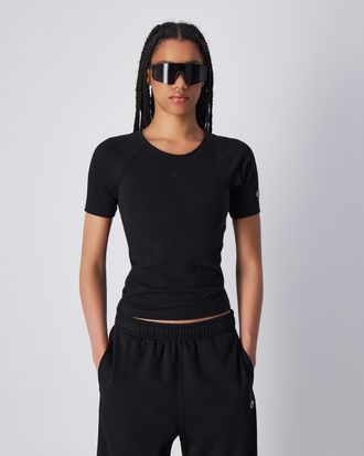 Champion T-Shirt CHAMPION, Damen, Gr. XL (46/48), schwarz (nbk), Obermaterial: 95% Baumwolle, 5% Elasthan, Shirts T-Shirt