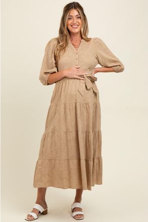 Pinkblush Floral Jacquard Button Front Tiered Dress in Taupe at Nordstrom, Size Medium