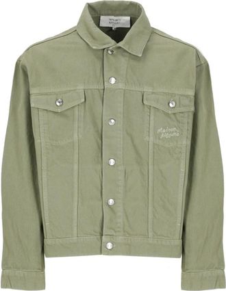 Maison Kitsun&eacute; Groene Katoenen Jas met Logo - Heren - Spijkerjassen - Groen - M - Katoen - Jassen