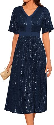 Grace Karin Womens Short Sleeve Evening Dress V-Neck Swing Cocktail Dress Elegant Sequin Dress A-Line Pleated Skirt Casual Dress M Navy Blue