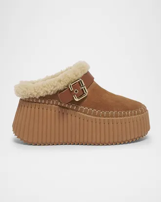 Chlo&eacute; Nama Suede Shearling-Lined Platform Clogs