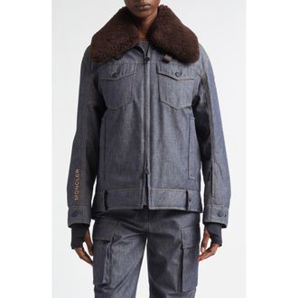 Moncler Yunque Denim Down Trucker Jacket with Genuine Shearling Collar in Blue at Nordstrom, Size 00