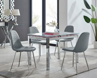 Furniturebox Enna White Glass Extending 4-6 Seater Dining Table & 4 Corona Faux Leather Chairs in Grey