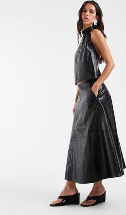 Asos gonna midi svasata sartoriale in similpelle effetto crackle nera-Nero