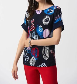 Joseph Ribkoff Doodle Print Boxy Top In Midnight Blue/multi