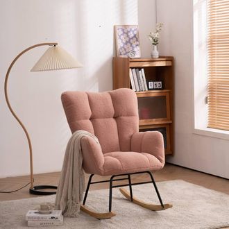 Direct Wicker Modern Teddy Fabric Tufted Upholstered Rocking Chair Padded Seat in Pink | Size: 1 Pack