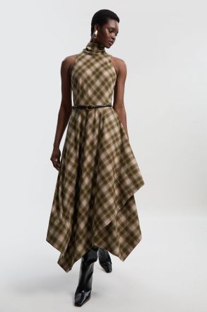 Karen Millen Womens Petite Tailored Check Belted Full Midi Dress - Green - Size 10 UK