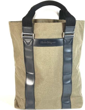 Ferragamo Black Khaki Leather Canvas Shoulder Bag Tote Bag (Pre-Owned)