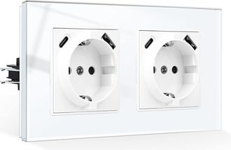 OEM Enchufe Doble Con Puerto Usb, 2 &times; (puertos Usb-a Y Usb-c, M&aacute;x. Total 2,1 A), Enchufe Tipo Garra, Toma Schuko Con Marco De Cristal Blanco, 2 Posiciones