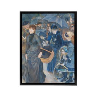 Artery8 The Umbrellas Oil Painting Renoir Vintage Black Framed Canvas Wall Art in Blue | Size: W24 x H32